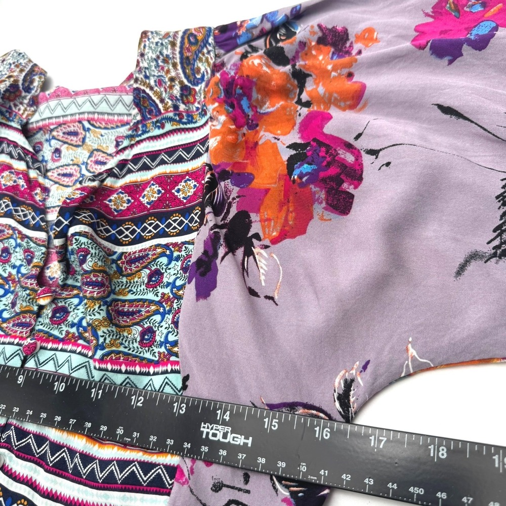 UMGEE Women's Small‎ Purple Boho Floral Print V Neck 3/4 Sleeve Mini Dress Tunic - Picture 6 of 8